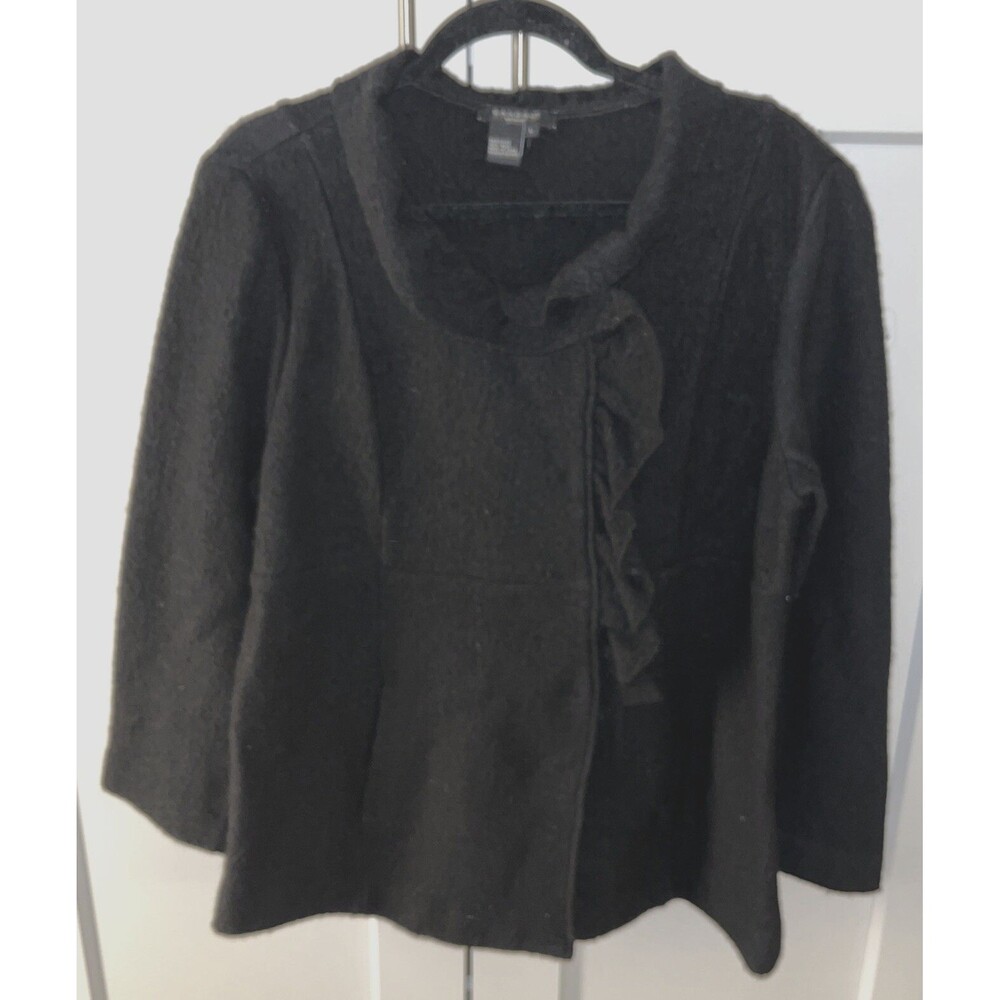 Sandro Large Black‎ Boucle 100% Wool Ruffle Sweater Cardigan Jacket Blazer